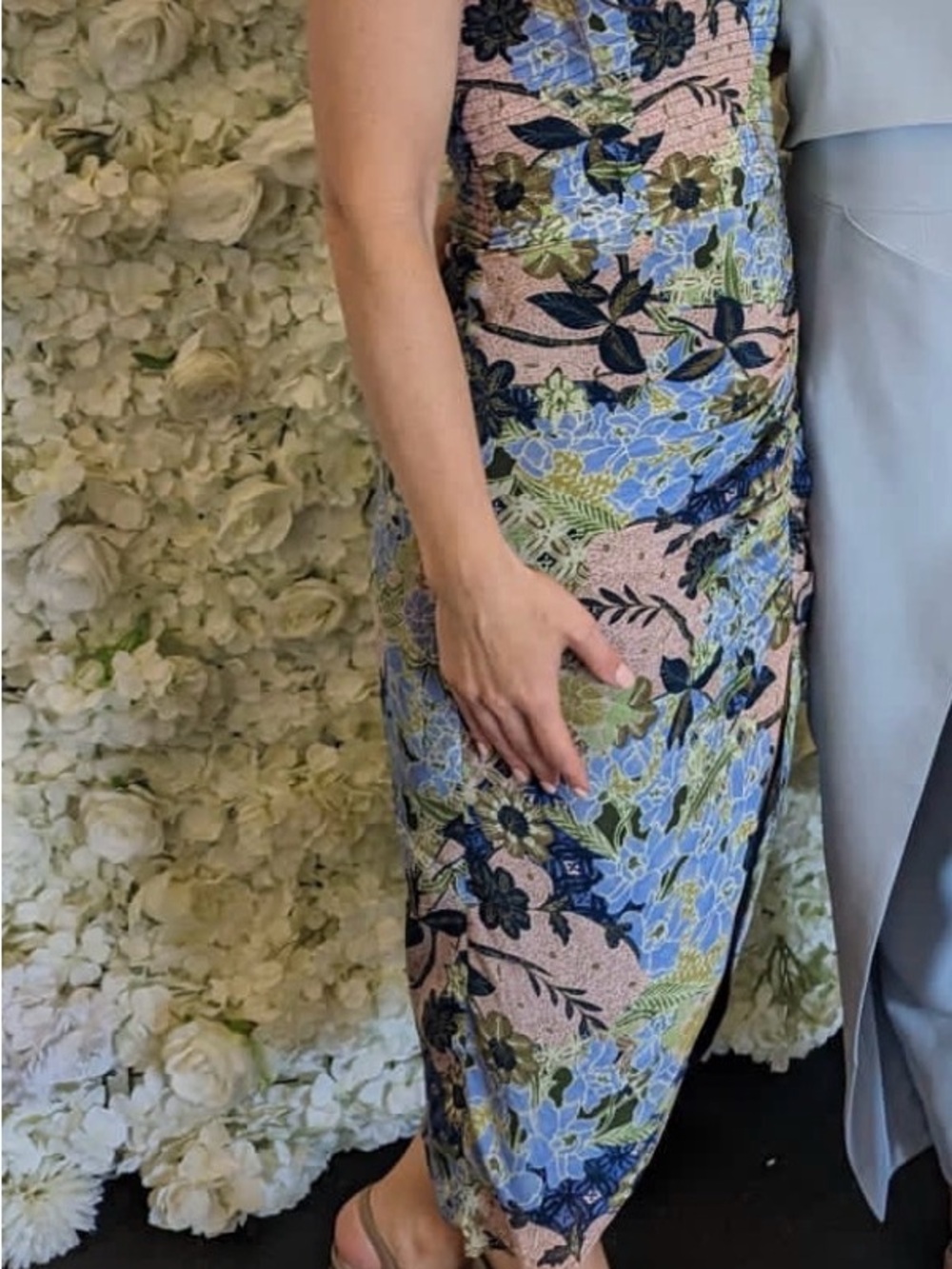 Strapless Midi Dress in Soft Blue and Pink Floral with ruched slit in front